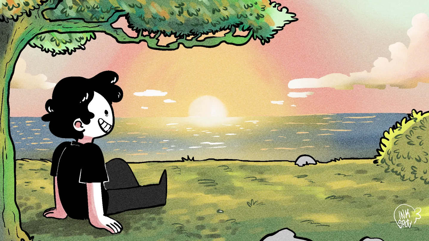 Personagem do Bero observando o pôr do sol sob uma árvore